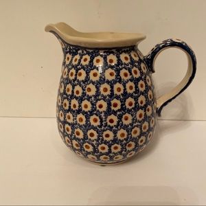 POLISH POTTERY VINTAGE PITCHER BLUE WHITE POLAND HANDMADE HOME DINING SERVEWARE